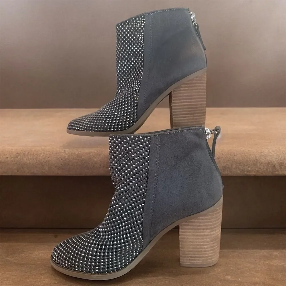 Madden Girl Sparkle Mocha Silver Ankle Booties Block Heel Back Zip Faux Suede